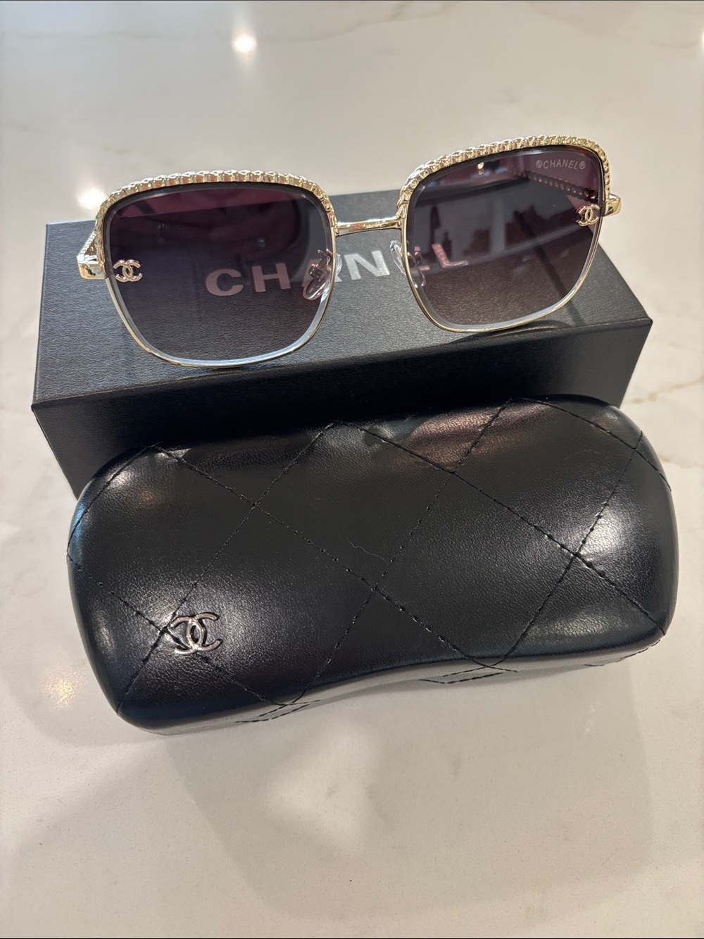CC Gold Frame Sunglasses with Gradient Purple Lenses